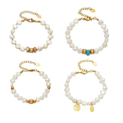 Vintage Style Freshwater Pearl Natural Stone Bracelet Stainless Steel 18K Gold Handmade Beads Bracelet detail 6