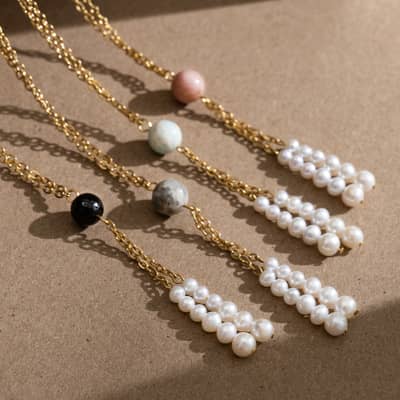 Gold Pearl Tassel Necklace With Natural Stone Long Lariat, Elegant Trendy Gemstone Bead Y Necklace detail 1