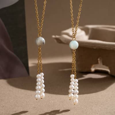 Gold Pearl Tassel Necklace With Natural Stone Long Lariat, Elegant Trendy Gemstone Bead Y Necklace detail 2