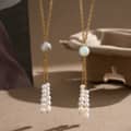 Gold Pearl Tassel Necklace With Natural Stone Long Lariat, Elegant Trendy Gemstone Bead Y Necklace 2