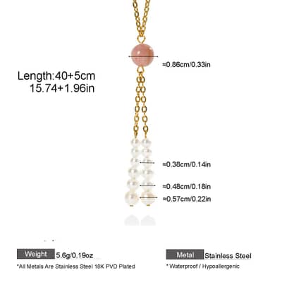 Gold Pearl Tassel Necklace With Natural Stone Long Lariat, Elegant Trendy Gemstone Bead Y Necklace detail 3