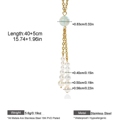 Gold Pearl Tassel Necklace With Natural Stone Long Lariat, Elegant Trendy Gemstone Bead Y Necklace detail 4