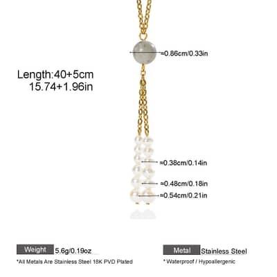 Gold Pearl Tassel Necklace With Natural Stone Long Lariat, Elegant Trendy Gemstone Bead Y Necklace detail 5