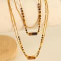 Tiger Eye Stone Gemstone Beaded Necklace, Waterproof Tarnish Free 18K Gold Plated Stainless Steel Rectangular 3
