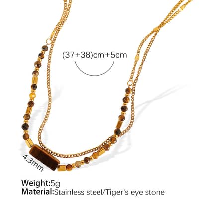 Tiger Eye Stone Gemstone Beaded Necklace, Waterproof Tarnish Free 18K Gold Plated Stainless Steel Rectangular detail 6