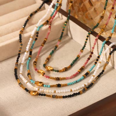 Multicolor Stone Beaded Necklace With Gold Spacers, Non-Tarnish Waterproof Stainless Steel Handmade Boho detail 1