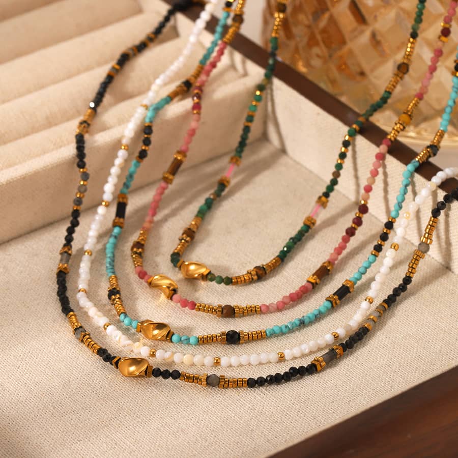 Multicolor Stone Beaded Necklace With Gold Spacers, Non-Tarnish Waterproof Stainless Steel Handmade Boho - main
