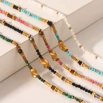 Multicolor Stone Beaded Necklace With Gold Spacers, Non-Tarnish Waterproof Stainless Steel Handmade Boho detail 2