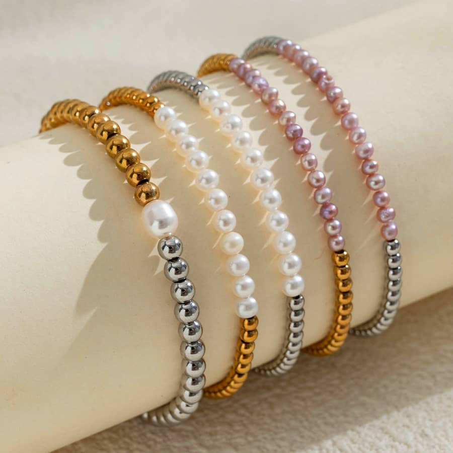 Freshwater Pearl Bracelet Handmade Beaded Gold Silver Stainless Steel Dainty Stackable - main