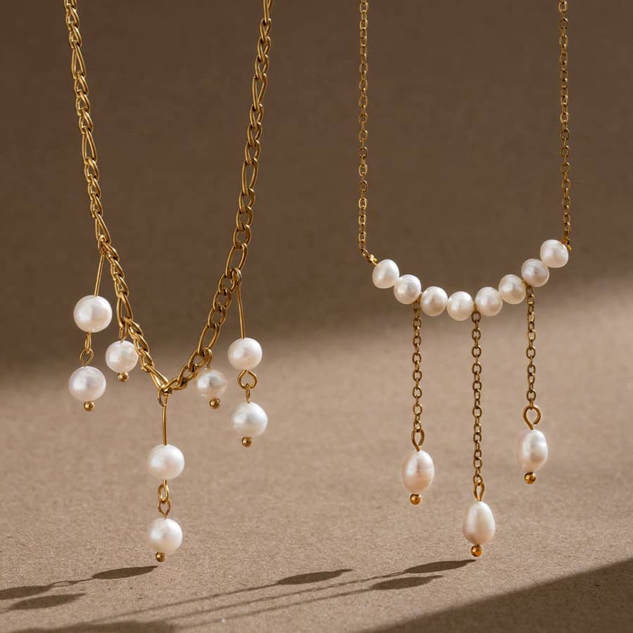 18K Gold PVD Stainless Steel Freshwater Real Pearl Necklace, Elegant Fringe Pearl Drop Pendant - main