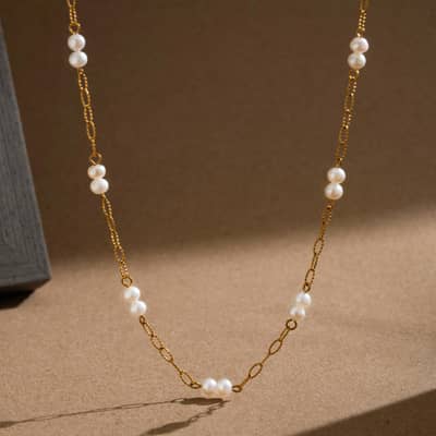 18K Gold PVD Stainless Steel Freshwater Real Pearl Necklace, Elegant Fringe Pearl Drop Pendant detail 2