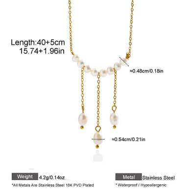 18K Gold PVD Stainless Steel Freshwater Real Pearl Necklace, Elegant Fringe Pearl Drop Pendant detail 5
