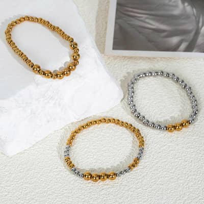 Gold Silver Beaded Bracelets Stainless Steel PVD Coated Waterproof Stretch detail 3