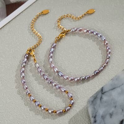 Natural Lavender Freshwater Pearl Bracelet Rice Shape Purple Pearl 18K Gold Real Pearl detail 1