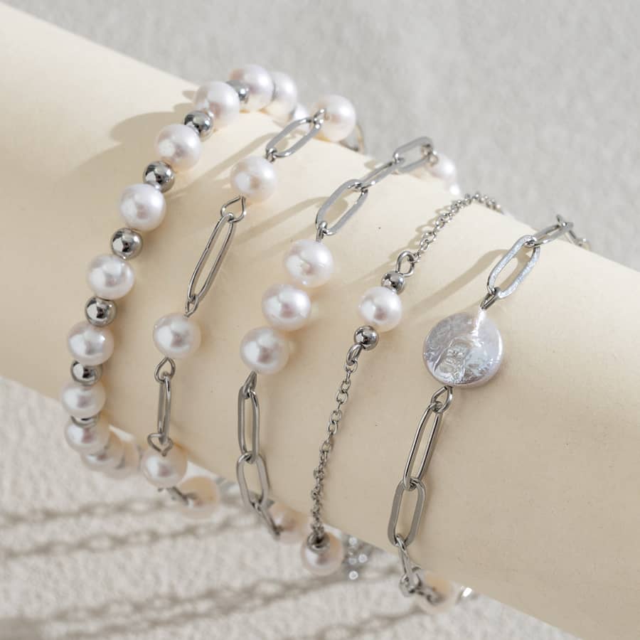 Freshwater Pearl Paperclip Chain Bracelet Stainless Steel Beaded Link Waterproof and Colorfast - main