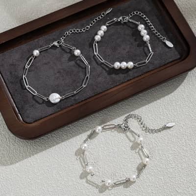 Freshwater Pearl Paperclip Chain Bracelet Stainless Steel Beaded Link Waterproof and Colorfast detail 2
