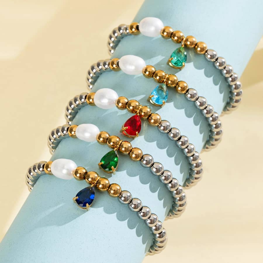Freshwater Pearl Birthstone Bracelet Colorful Teardrop Gemstone Pendant Stackable Beaded Birthday Gift - main