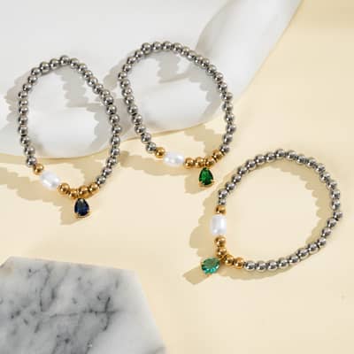 Freshwater Pearl Birthstone Bracelet Colorful Teardrop Gemstone Pendant Stackable Beaded Birthday Gift detail 2
