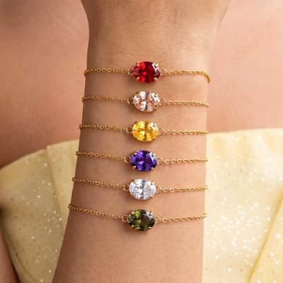 Oval Gemstone Birthstone Bracelet 18K Gold Colorful Zircon Waterproof 316 Stainless Steel detail 1
