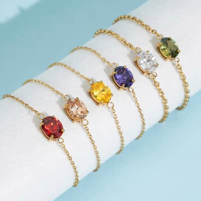 Oval Gemstone Birthstone Bracelet 18K Gold Colorful Zircon Waterproof 316 Stainless Steel detail 2