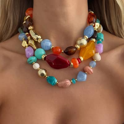Handmade Multicolor Chunky Gemstone Beaded Necklace, Boho Resin Acrylic Stone Choker detail 1