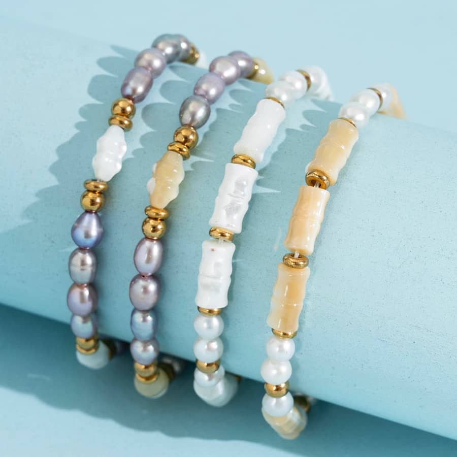 Natural Freshwater Pearl Bamboo Tube Bracelet Gold Beaded Stackable Rice Pearl Stretch - main