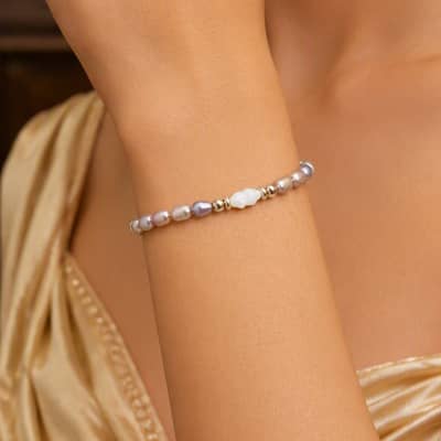 Natural Freshwater Pearl Bamboo Tube Bracelet Gold Beaded Stackable Rice Pearl Stretch detail 3