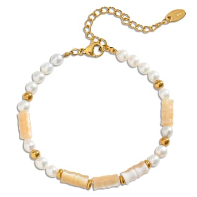 Natural Freshwater Pearl Bamboo Tube Bracelet Gold Beaded Stackable Rice Pearl Stretch detail 4