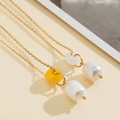 Natural Gemstone Abacus Bead Necklace With Real Pearl, 18K Waterproof detail 2