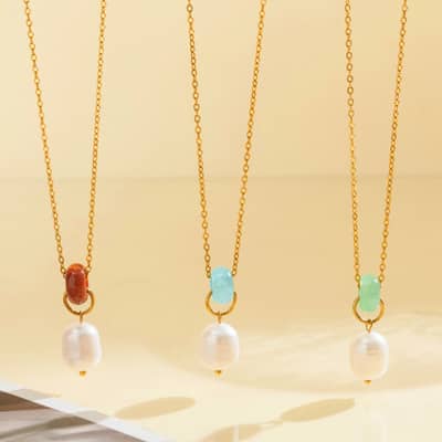 Natural Gemstone Abacus Bead Necklace With Real Pearl, 18K Waterproof detail 3