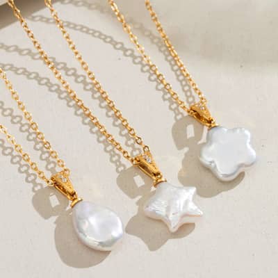 Baroque Pearl Necklace 18K Waterproof Stainless Steel, Pearl Flower Real Pearl Geometric Vintage Charm detail 1
