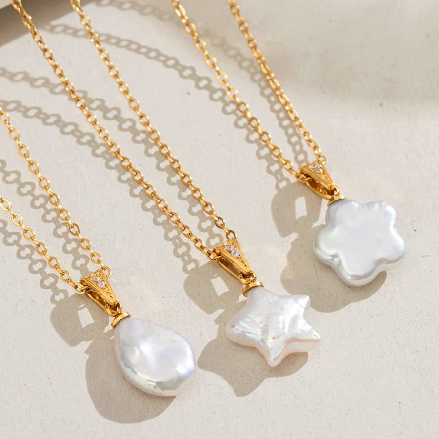 Baroque Pearl Necklace 18K Waterproof Stainless Steel, Pearl Flower Real Pearl Geometric Vintage Charm - main