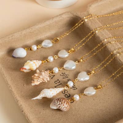 Natural Shell Freshwater Pearl Necklace, Gold Plated Heart Pearl Cowrie Shell Pendant Boho detail 1