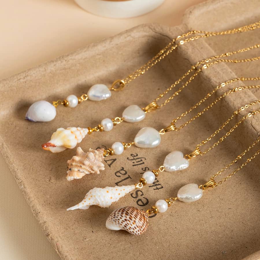 Natural Shell Freshwater Pearl Necklace, Gold Plated Heart Pearl Cowrie Shell Pendant Boho - main