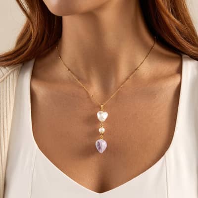Natural Shell Freshwater Pearl Necklace, Gold Plated Heart Pearl Cowrie Shell Pendant Boho detail 3