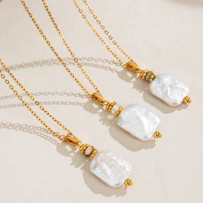 Natural Square Pearl Necklace, Baroque Pearl 18K Gold Plated Tarnish-Free Rectangle Pearl Pendant detail 1