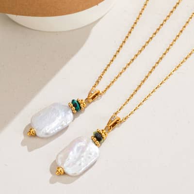 Natural Square Pearl Necklace, Baroque Pearl 18K Gold Plated Tarnish-Free Rectangle Pearl Pendant detail 2