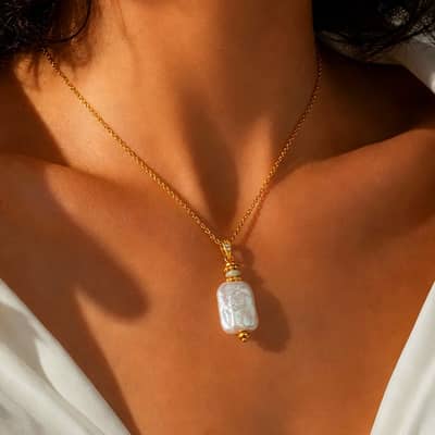 Natural Square Pearl Necklace, Baroque Pearl 18K Gold Plated Tarnish-Free Rectangle Pearl Pendant detail 3