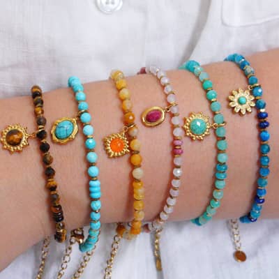 Natural Stone Beads Bracelet Waterproof Stainless Steel Turquoise Handmade Beaded Charm detail 2