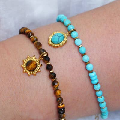 Natural Stone Beads Bracelet Waterproof Stainless Steel Turquoise Handmade Beaded Charm detail 3