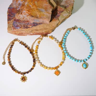 Natural Stone Beads Bracelet Waterproof Stainless Steel Turquoise Handmade Beaded Charm detail 4