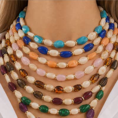 Colorful Marbled Resin Beaded Necklace Set, Irregular Pebble Stone Shape With Gold Spacer Strands detail 1