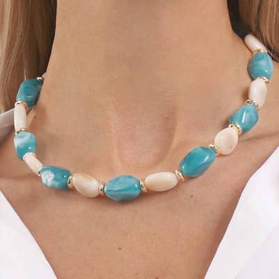 Colorful Marbled Resin Beaded Necklace Set, Irregular Pebble Stone Shape With Gold Spacer Strands detail 3
