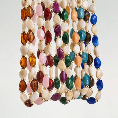 Colorful Marbled Resin Beaded Necklace Set, Irregular Pebble Stone Shape With Gold Spacer Strands detail 4