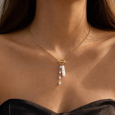 Freshwater Pearl Necklace With Paperclip Link Chain Toggle Clasp, Baroque Stick Pearl Natural Stone Pendant detail 3