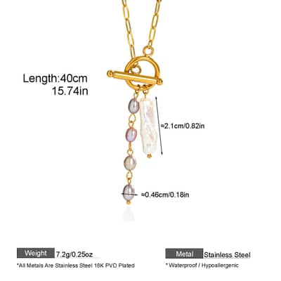 Freshwater Pearl Necklace With Paperclip Link Chain Toggle Clasp, Baroque Stick Pearl Natural Stone Pendant detail 6