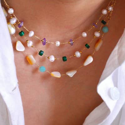 Natural Stone Freshwater Pearl Necklace, Layerable Waterproof Stainless Steel Handmade Bead detail 2