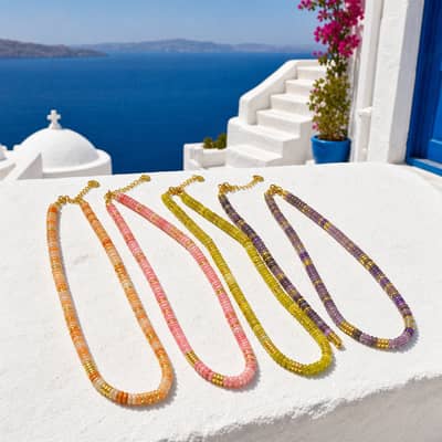 Handmade 2x6mm Natural Stone Beaded Necklace 18K Gold, Gemstone Choker Summer Boho detail 1