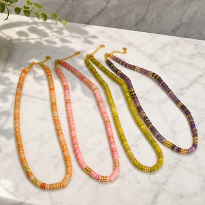 Handmade 2x6mm Natural Stone Beaded Necklace 18K Gold, Gemstone Choker Summer Boho detail 2