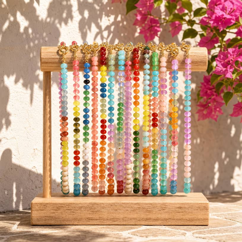 Handmade Natural Stone Beads Necklace 18K Gold, Colorful Gemstone Choker Summer Boho - main